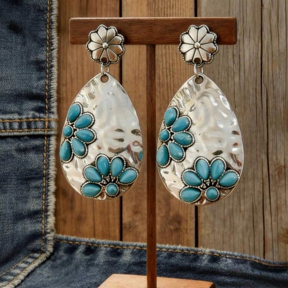 Turquoise Inspired Flower Teardrop Dangle Earrings NEW